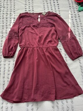 Lily Rose Wine Lace Yoke Long Sleeve Dress